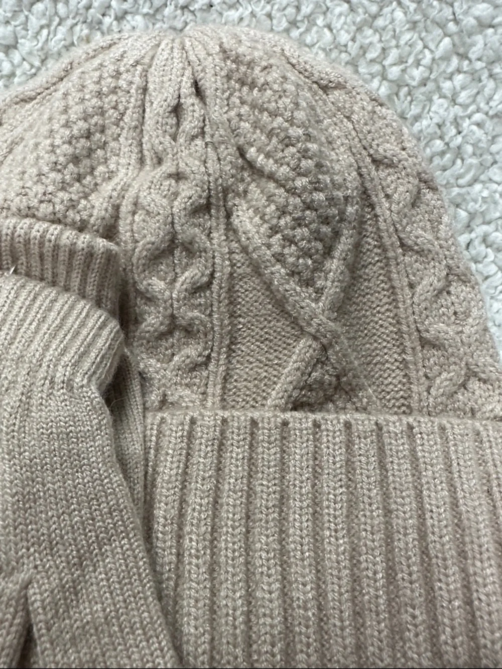 NYGB  Two hats and mittens, 3 piece set Tan and Gray, 12-24m. NWT